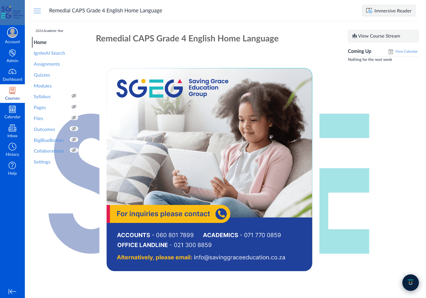 a Remedial CAPS course home on the Saving Grace learning platform